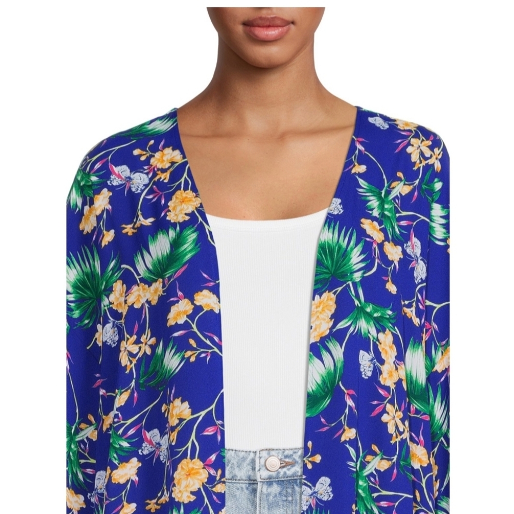 Pioneer Woman Open Front Printed Duster Enamel Blue Floral Plus Kimono - 2X/3X - Picture 2 of 12